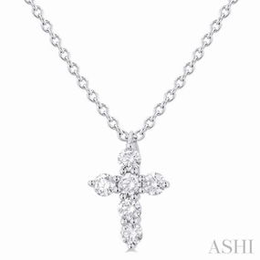 Event Gift 1/6 Ctw Round Cut Diamond Christian Cross 6-Stone Fashion Pendant With Chain in 14K White Gold