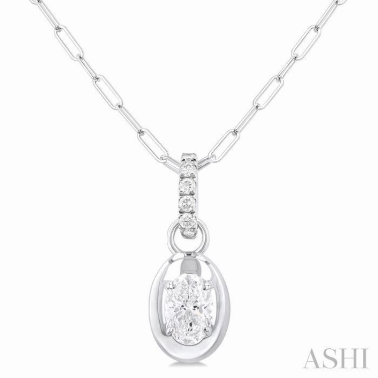 1/4 Ctw Dome Oval and Round Cut Diamond Fashion Pendant With Paper Clip Chain in 14K White Gold Everyday Accent