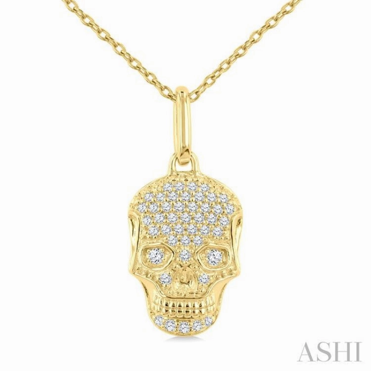 1/6 Ctw Petite Skull Single Cut Diamond Fashion Pendant With Chain in 10K Yellow Gold Attractive Ornament Handmade Style