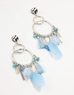 Soft Shadow Silver Light Blue Feather Dream Catcher Drop Earrings