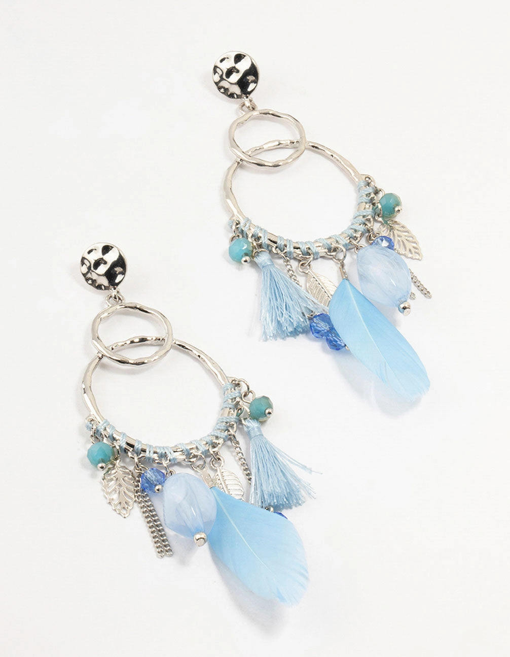 Soft Shadow Silver Light Blue Feather Dream Catcher Drop Earrings