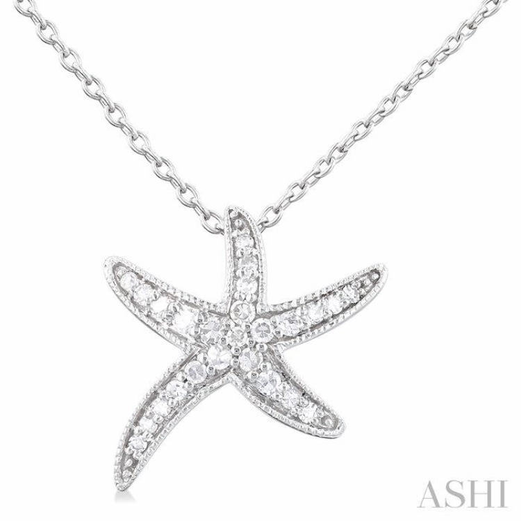Evening Item Lovely Gift 1/10 Ctw Petite Milgrain Starfish Round Cut Diamond Fashion Pendant With Chain in 10K White Gold