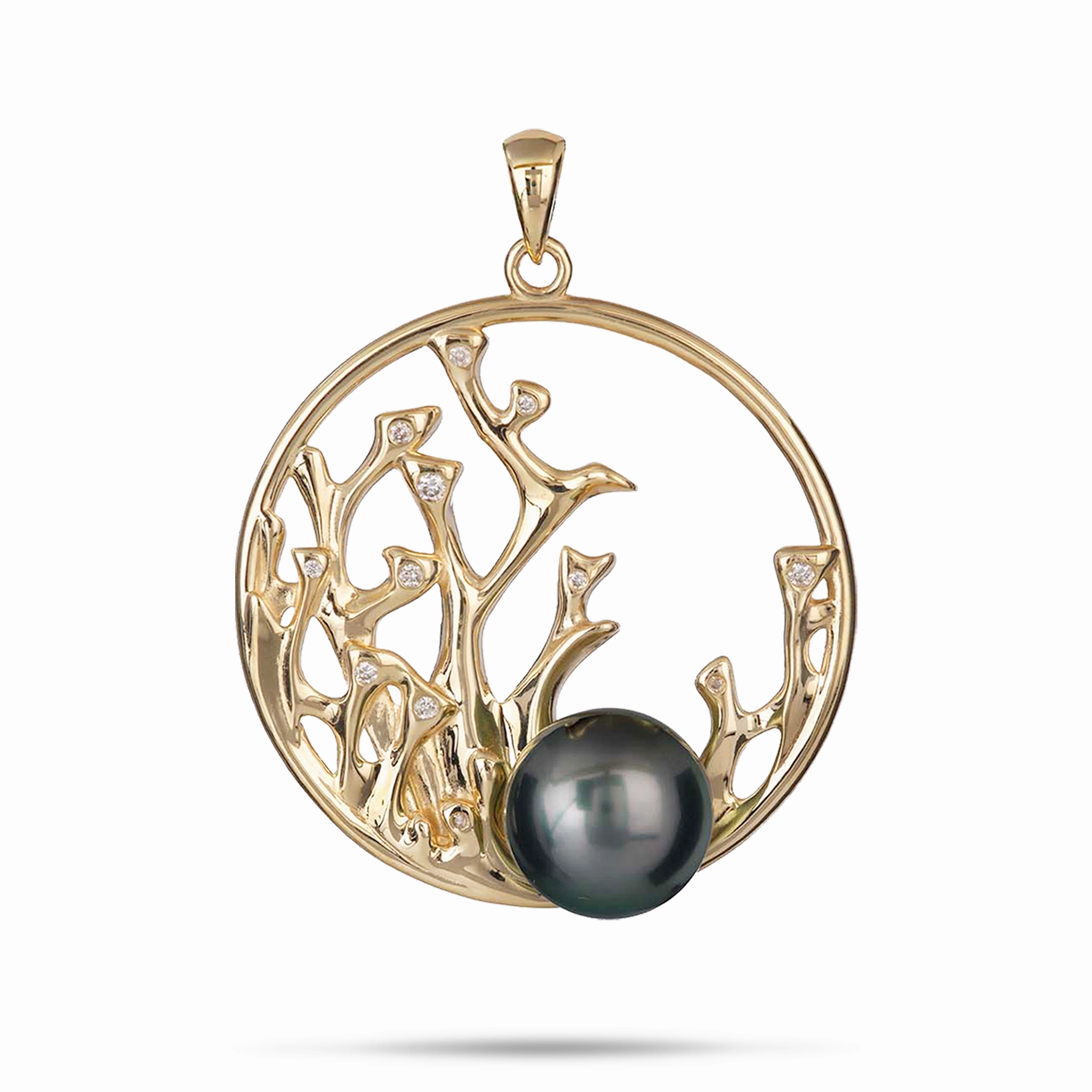 Reefs Tahitian Black Pearl Pendant in Gold with Diamonds - 30mm Ethnic Jewelry
