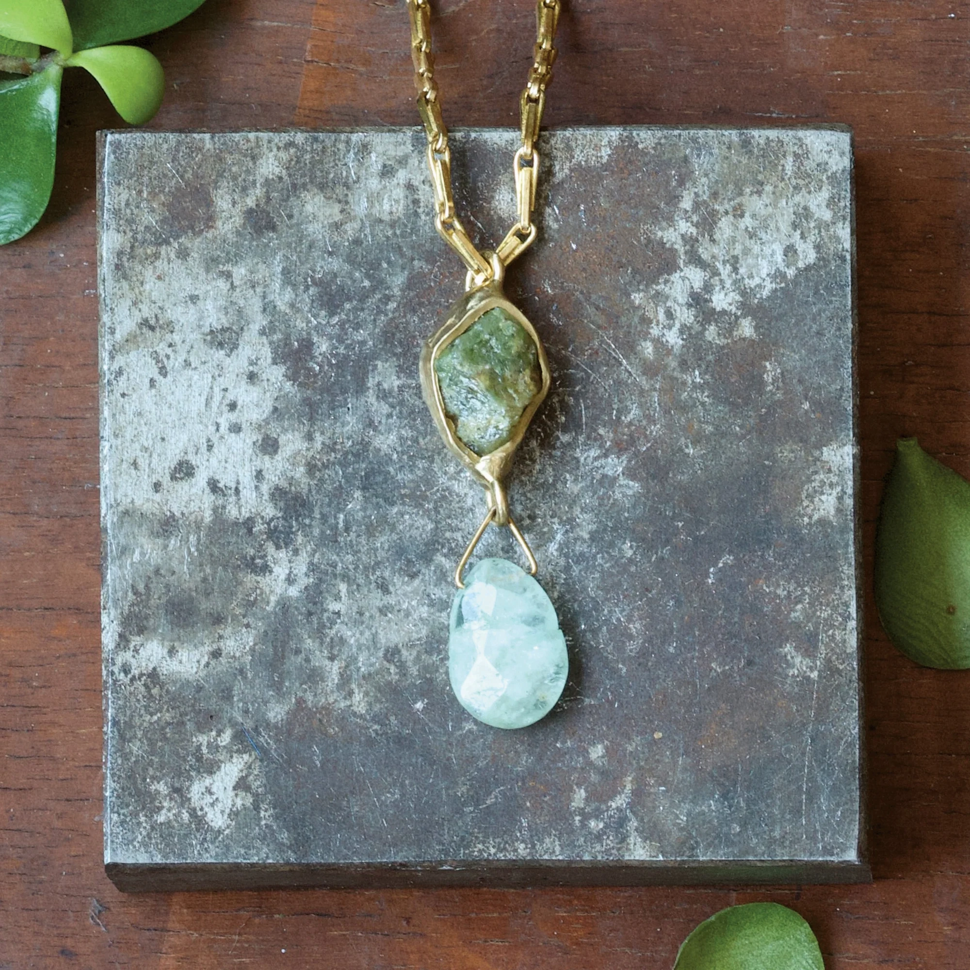 Classic Duo True Accent Calm Waters Pendant - Brass, Aquamarine   Green Garnet