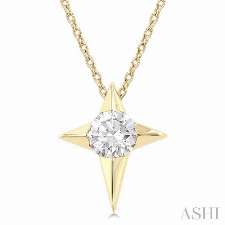 Glamorous Night Personalized Style 1/2 Ctw Four-Ray Star Round Cut Diamond Fashion Pendant With Chain in 14K Yellow Gold