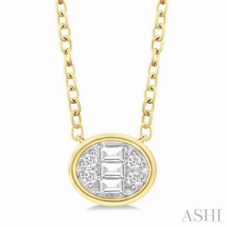 1/6 Ctw Petite Bezel Set East-West Oval Shape Fusion Baguette and Round Cut Diamond Fashion Pendant With Chain in 10K Yellow Gold Superb Adornment Shared Jewelry