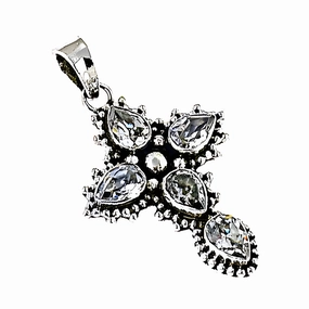 Rocking Style Cubic Zirconia Silver Cross Pendant - White CZ Gemstone Necklace Artisan Adornment