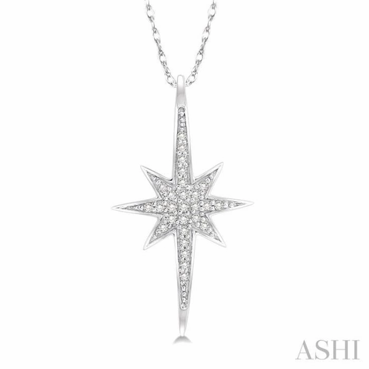 Graceful Accent 1/10 Ctw Star Charm Round Cut Diamond Pendant With Link Chain in 10K White Gold