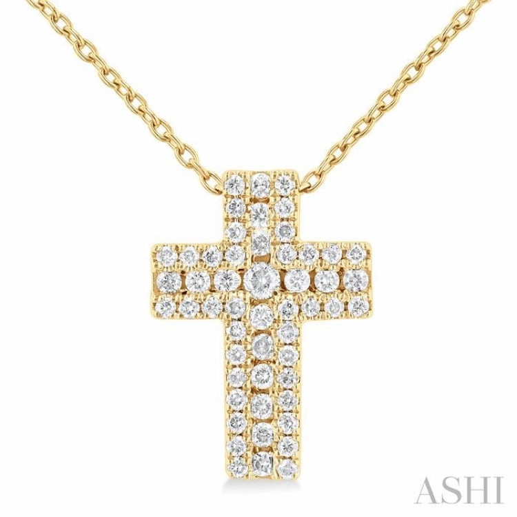 1/4 Ctw Cross Round Cut Diamond Fashion Pendant With Chain in 14K Yellow Gold Work Accent
