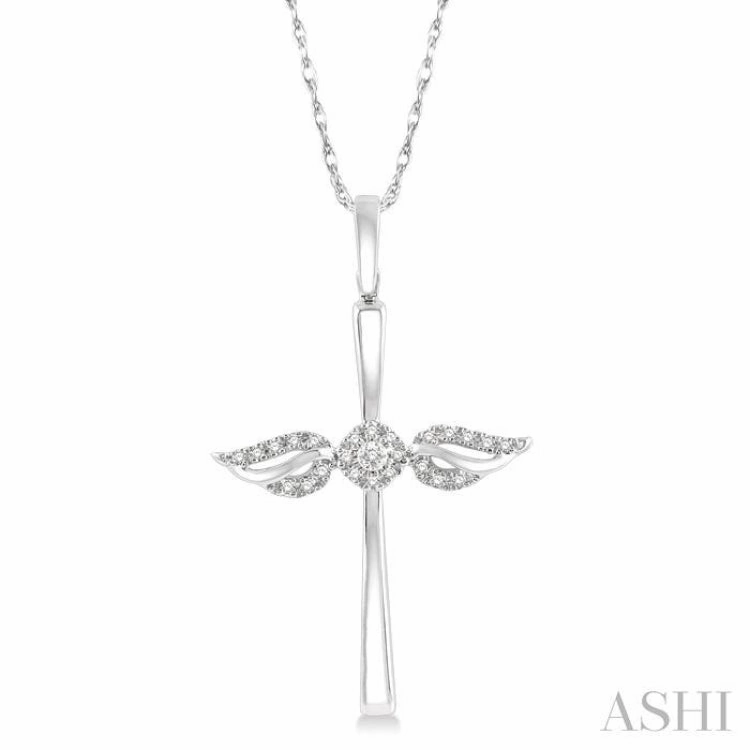Birthday Present 1/10 Ctw Angel Wing Round Cut Diamond Cross Petite Pendant With Chain in 10K White Gold