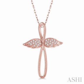 1/10 Ctw Twisted Cross Angel Wings Round Cut Diamond Pendant With Chain in 10K Rose Gold Lively Accent Lovely Style