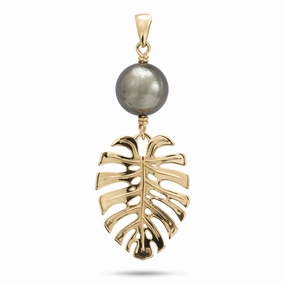 Office Gift Attractive Piece Monstera Tahitian Black Pearl Pendant in Gold - 23mm