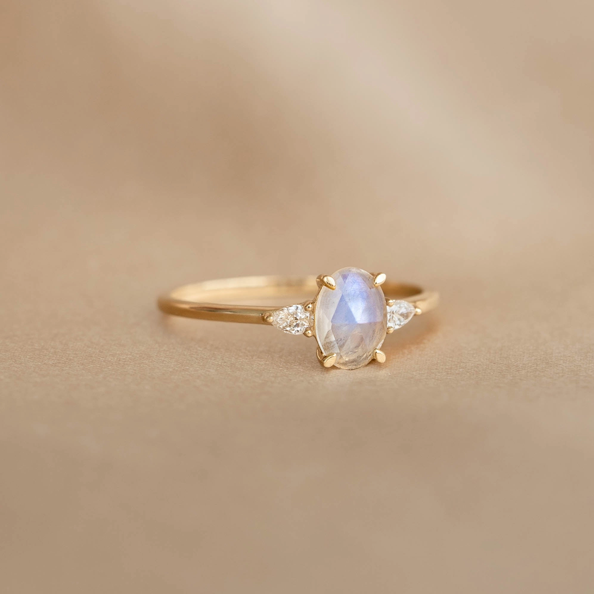 Memorial Gift Casual Look Moonstone and Diamond Ring 14k Gold - Maia