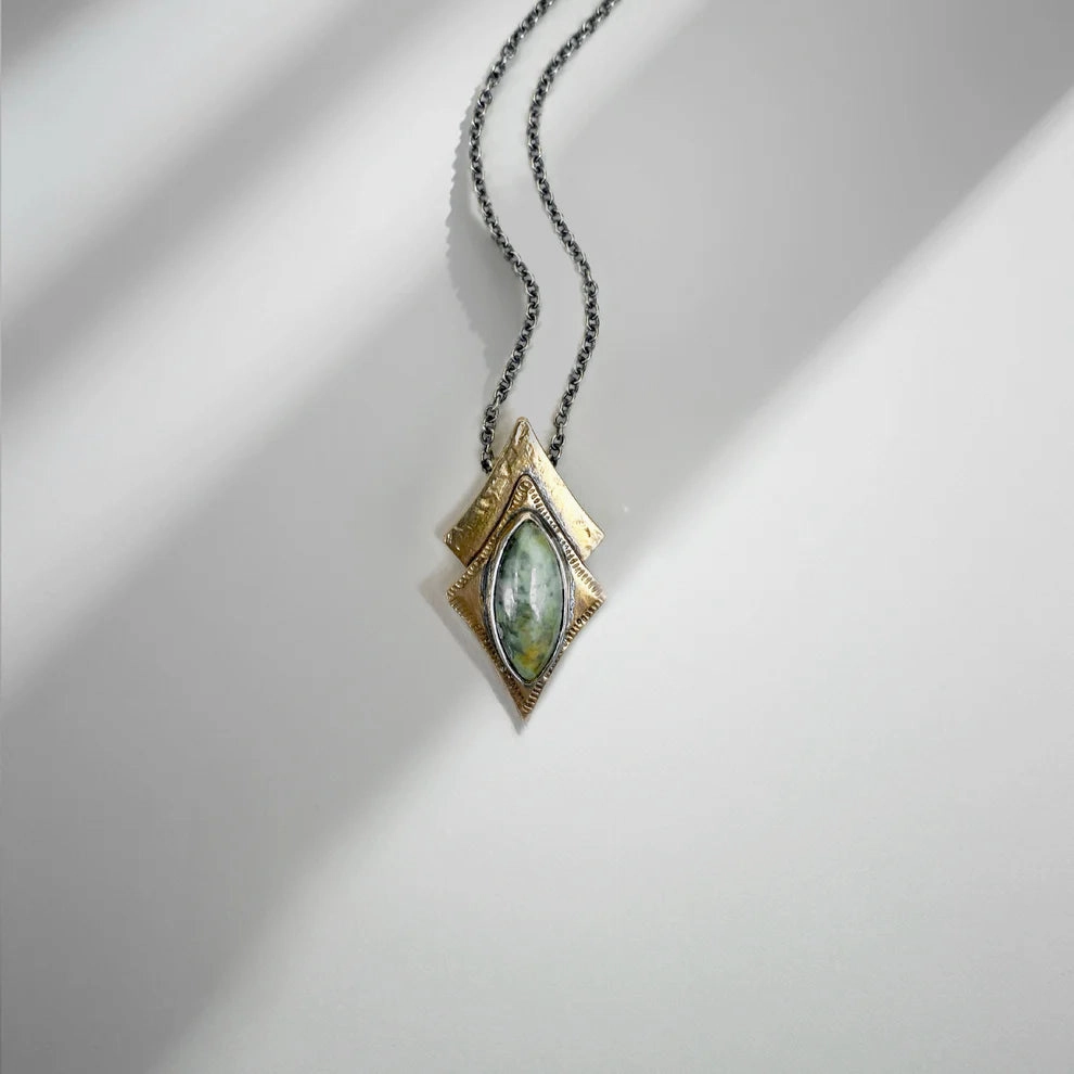 Morning Star Necklace - Oxidized Brass, Sterling Silver   African Turquoise Radiant Design