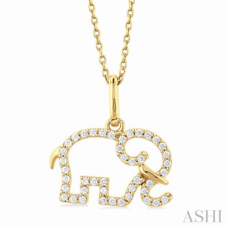 Pretty Present 1/6 Ctw Petite Tusked Elephant Frame Round Cut Diamond Fashion Pendant With Chain in 10K Yellow Gold