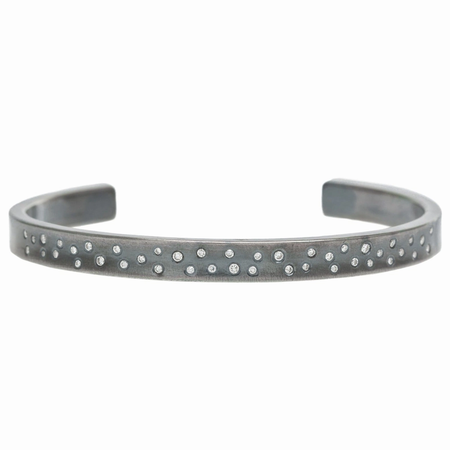Polished Lines Narrow Scattered Diamond Cuff - Oxidized Silver   VS Diamonds