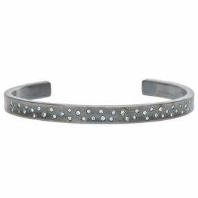 Polished Stones Shining Accent Narrow Scattered Diamond Cuff - Oxidized Silver   VS Diamonds