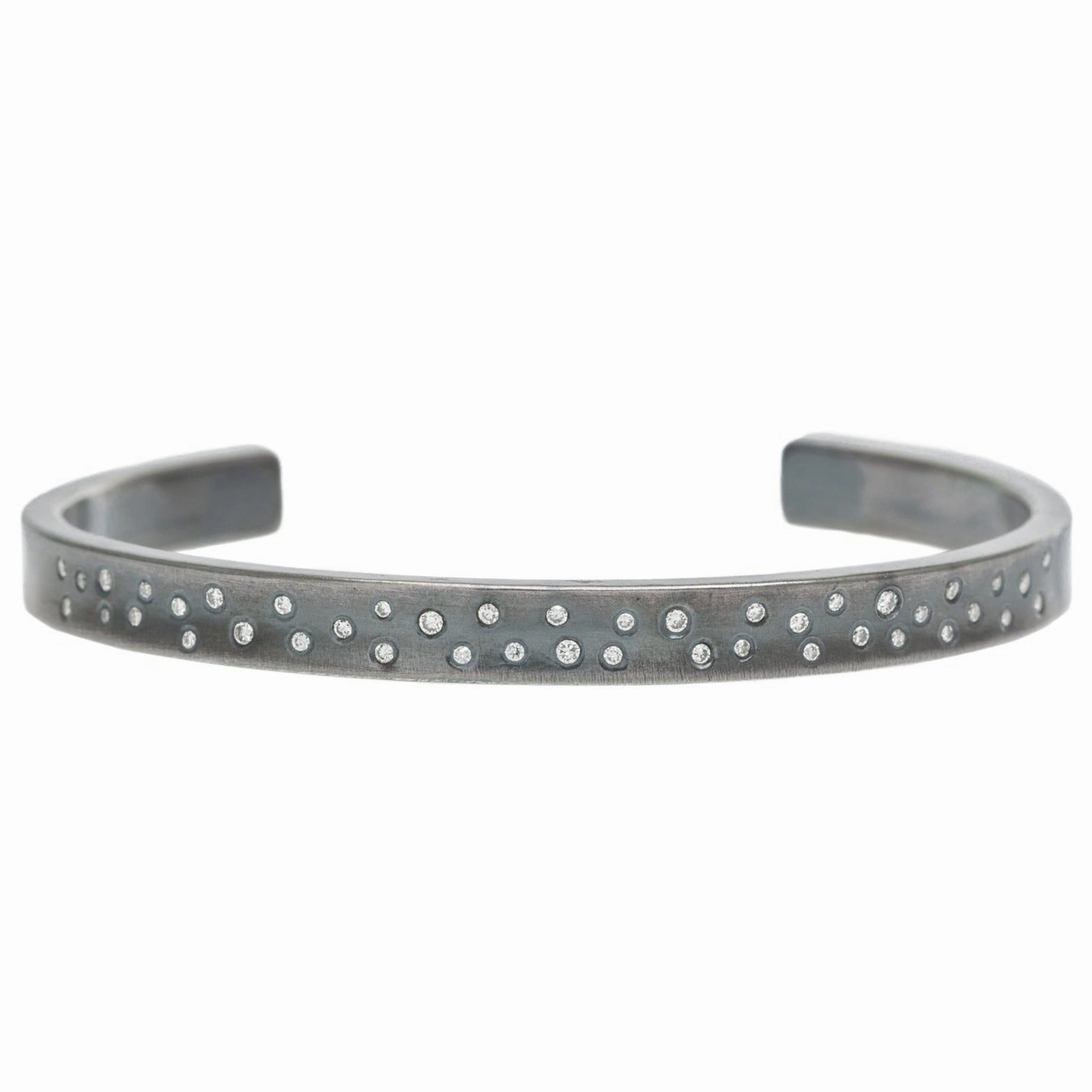 Polished Stones Shining Accent Narrow Scattered Diamond Cuff - Oxidized Silver   VS Diamonds