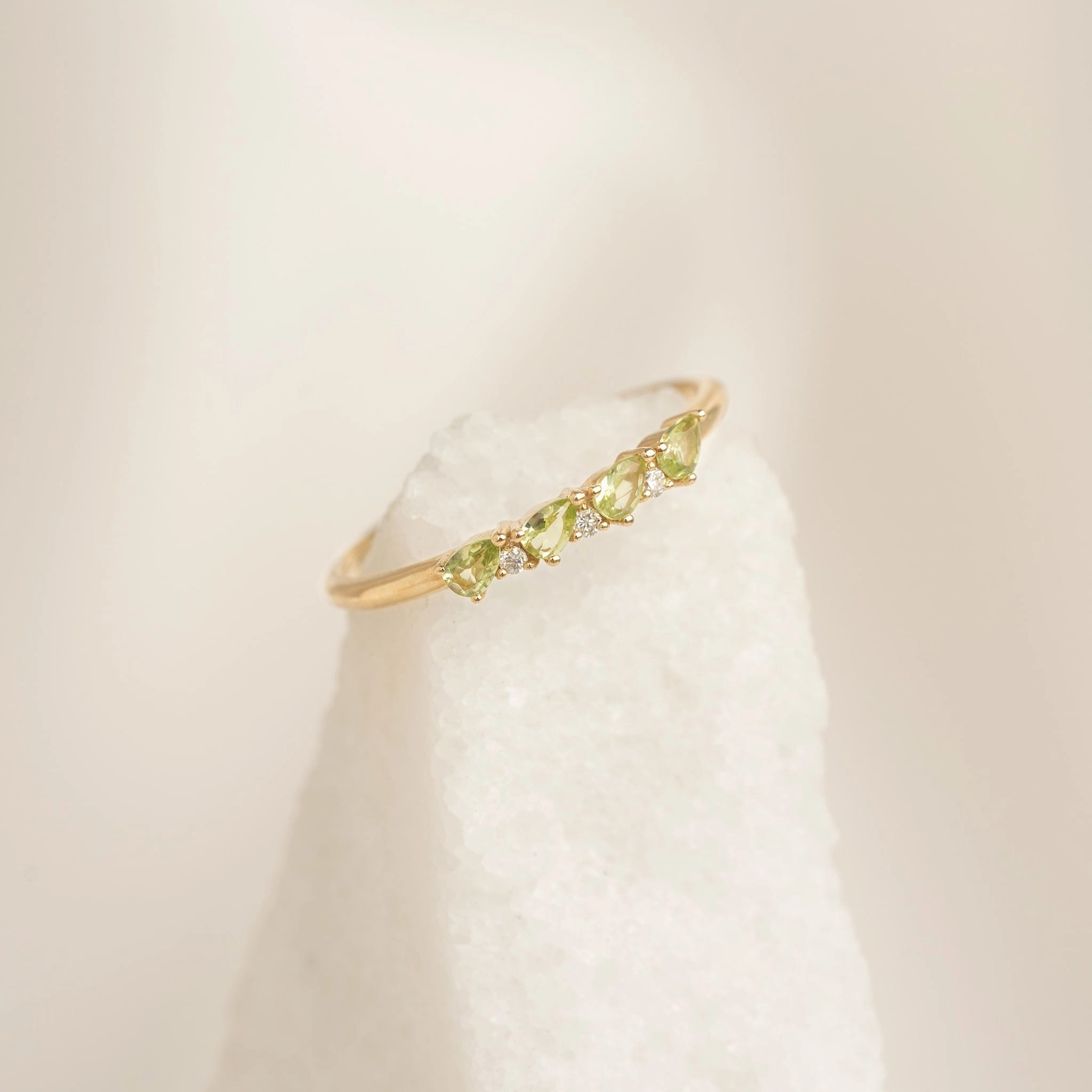 August Birthstone Pear Ring 14k Gold - Olivine and Diamond Gorgeous Design Vintage Art