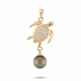 Initial Adornment Adventure Style Ocean Dance Honu (Sea Turtle) Tahitian Black Pearl Pendant in Gold with Diamonds - 9-10mm