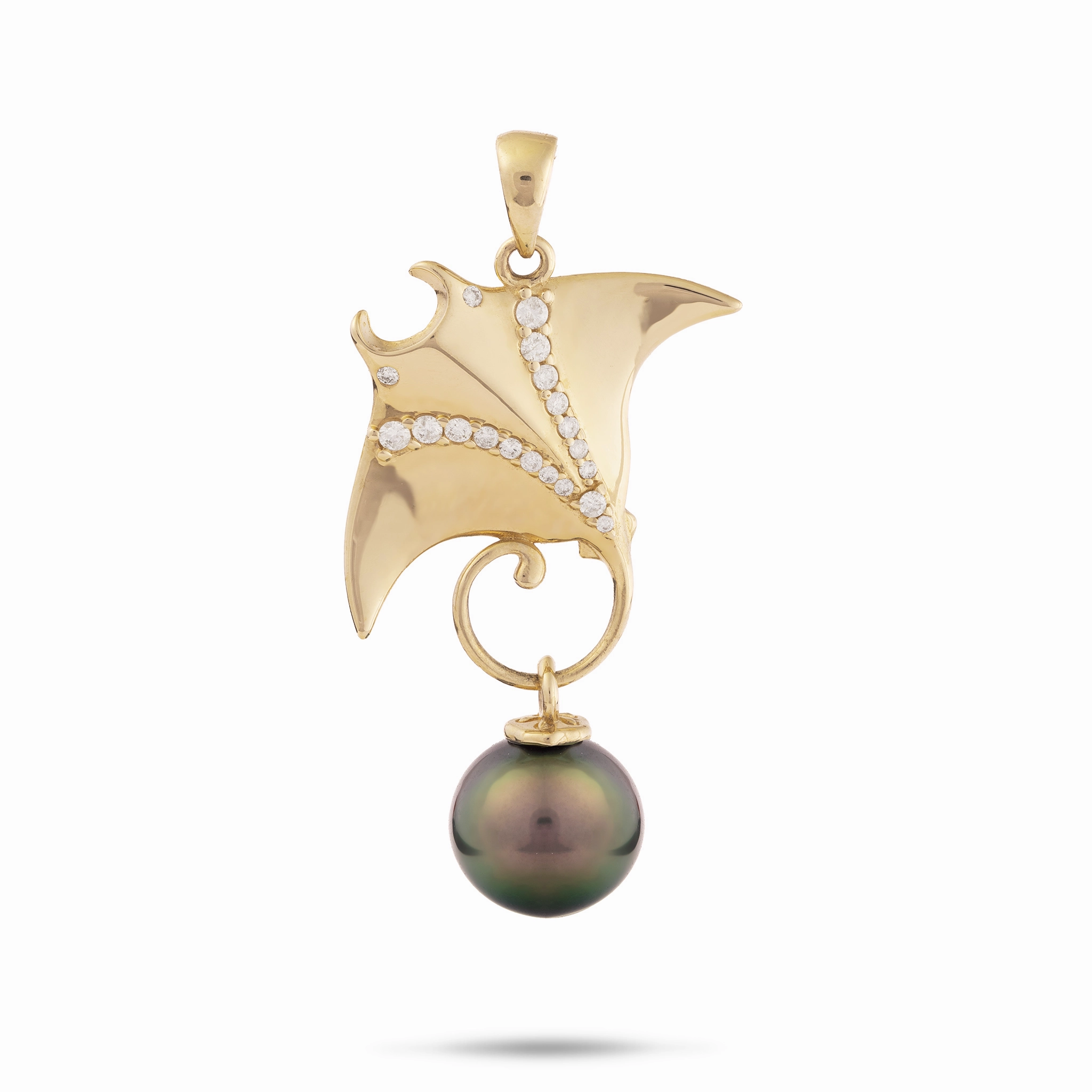 Resilient Jewelry Ocean Dance Manta Ray Tahitian Black Pearl Pendant in Gold with Diamonds - 9-10mm