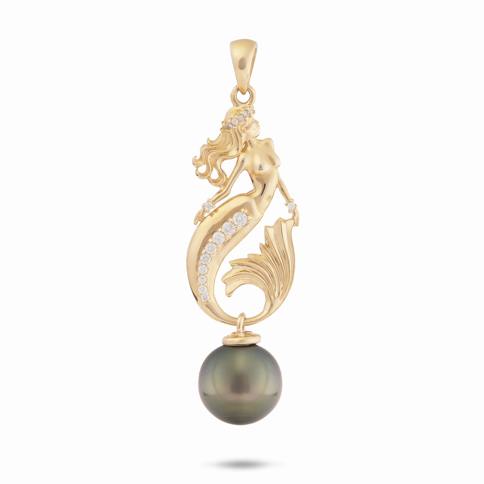 Professional Style Delicate Gift Ocean Dance Mermaid Tahitian Black Pearl Pendant in Gold with Diamonds - 9-10mm