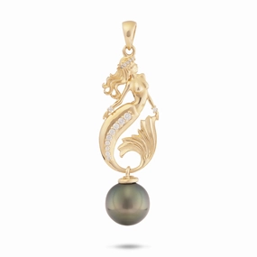 Professional Style Delicate Gift Ocean Dance Mermaid Tahitian Black Pearl Pendant in Gold with Diamonds - 9-10mm