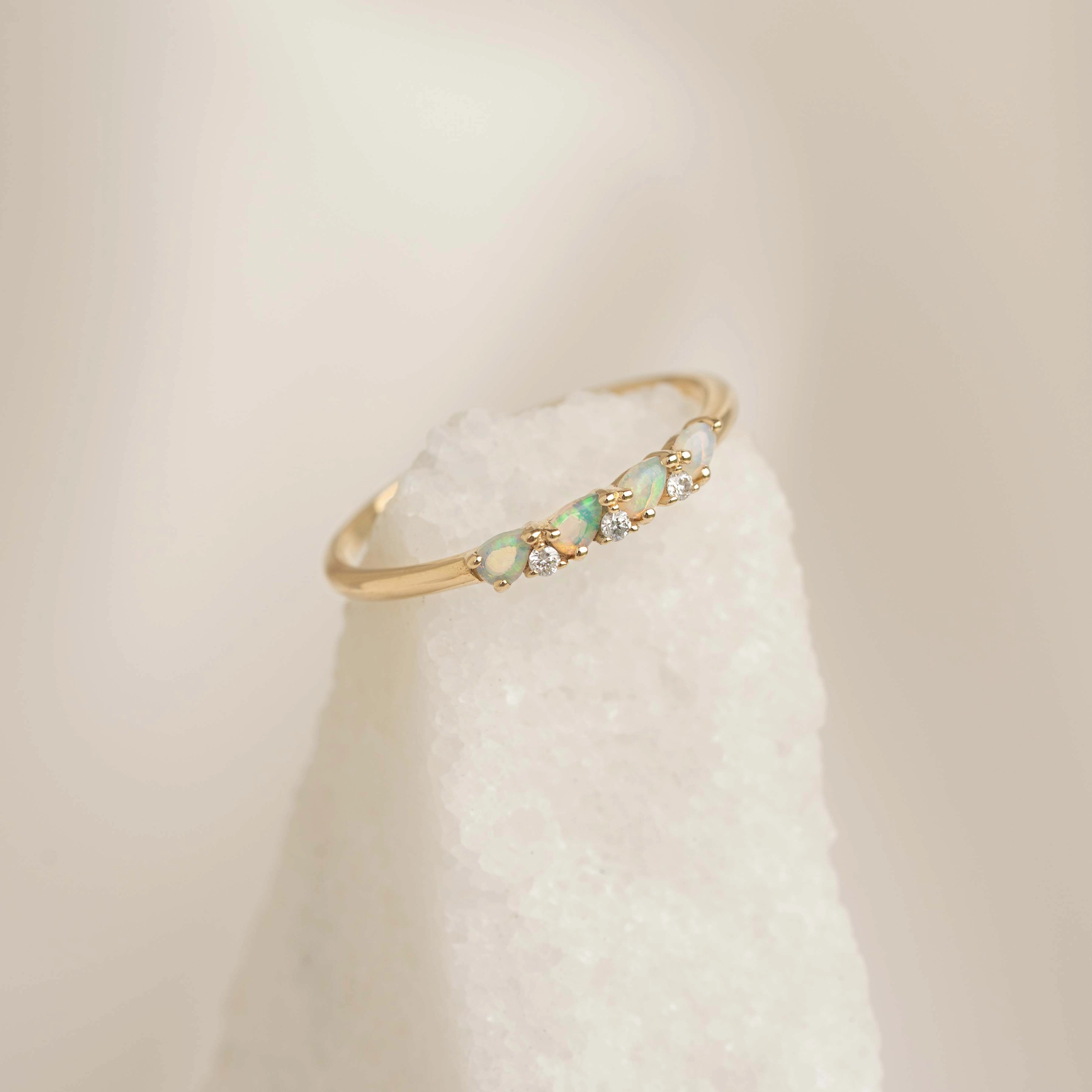 October Birthstone Pear Ring 14k Gold - Opal and Diamond Delicate Work Excellent Article