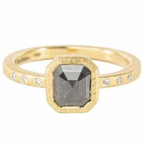 OOAK Emerald Cut Black Diamond Ring - 18ky Gold   Diamonds 6.5 Structured Accent Fashionable Look