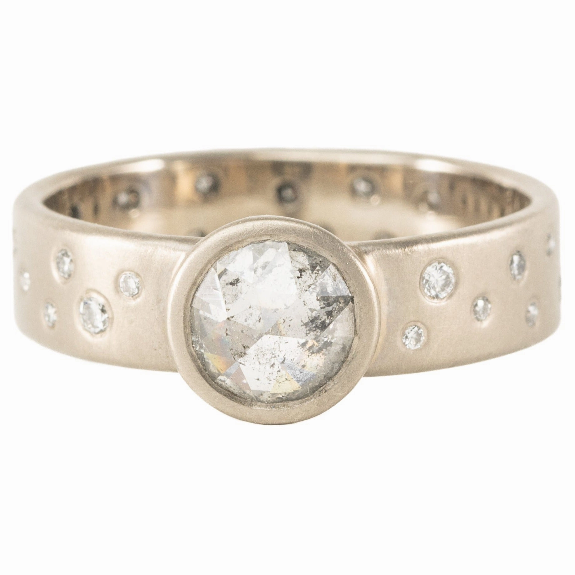 OOAK Round Rose Cut Salt   Pepper Diamond Ring   Scattered VS Diamonds - 18k Palladium White Gold   Diamonds  7 Smooth Accent youth choice