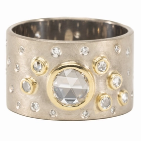 Daily Fashion Sophisticated Shine Pieces OOAK Round Rose Cut White Diamond Wide Band   Scattered Rose Cut   VS Diamonds - 18k Palladium White Gold   18k Gold   Diamonds
