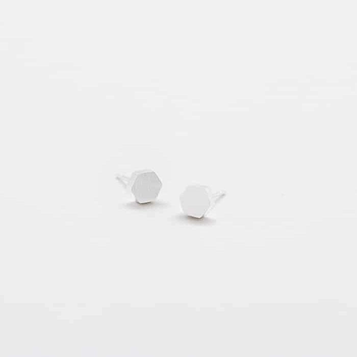 Secure Item Silver Solid Hexagon Stud Earrings