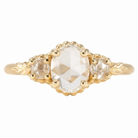 Wood Nymph Faye 3-Stone Engagement Ring - 18K Yellow Gold, .63ct (VS2/F) Oval Rose Cut Diamond   Round Rose Cut Diamonds (.13tcw) Distinctive Edge