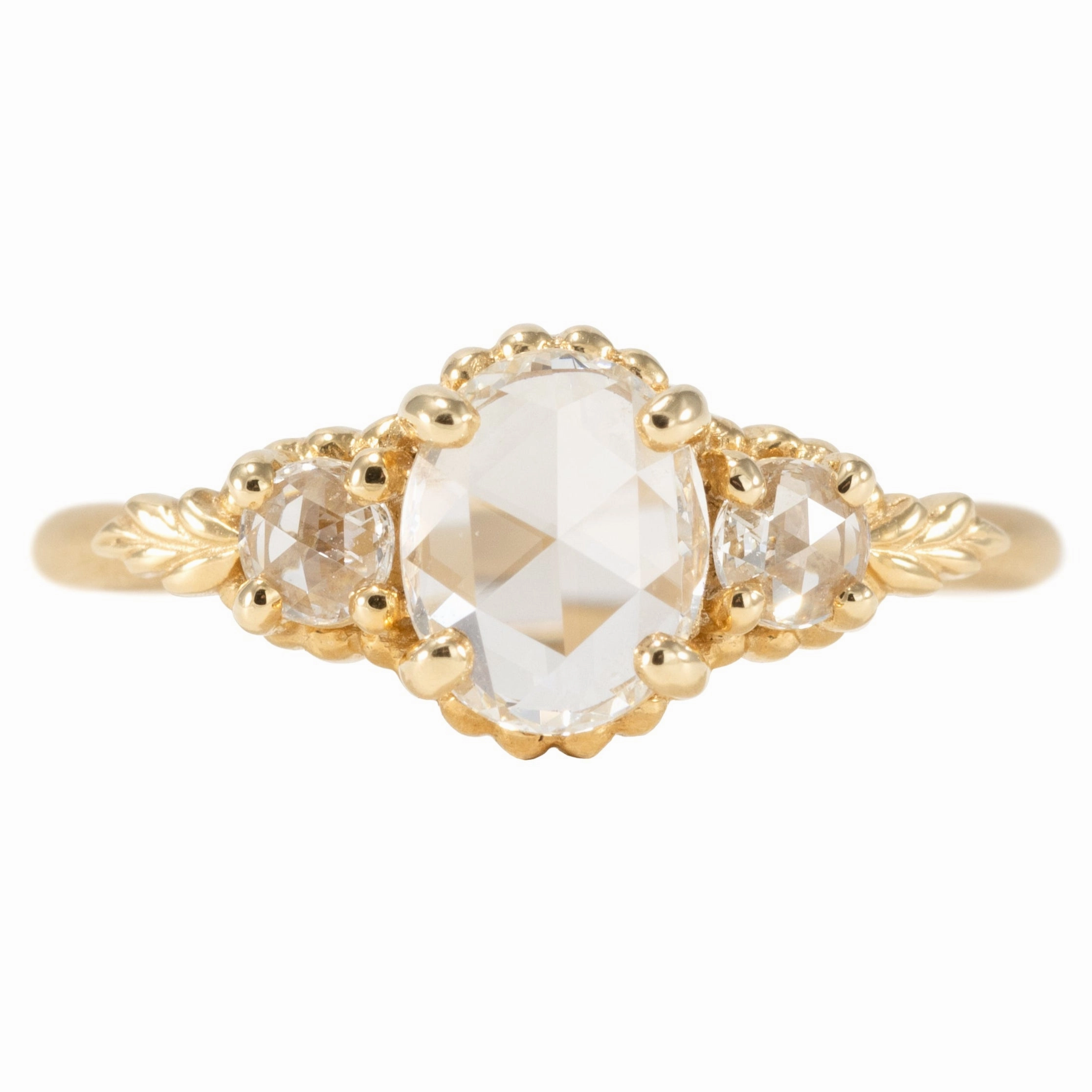 Wood Nymph Faye 3-Stone Engagement Ring - 18K Yellow Gold, .63ct (VS2/F) Oval Rose Cut Diamond   Round Rose Cut Diamonds (.13tcw) Distinctive Edge