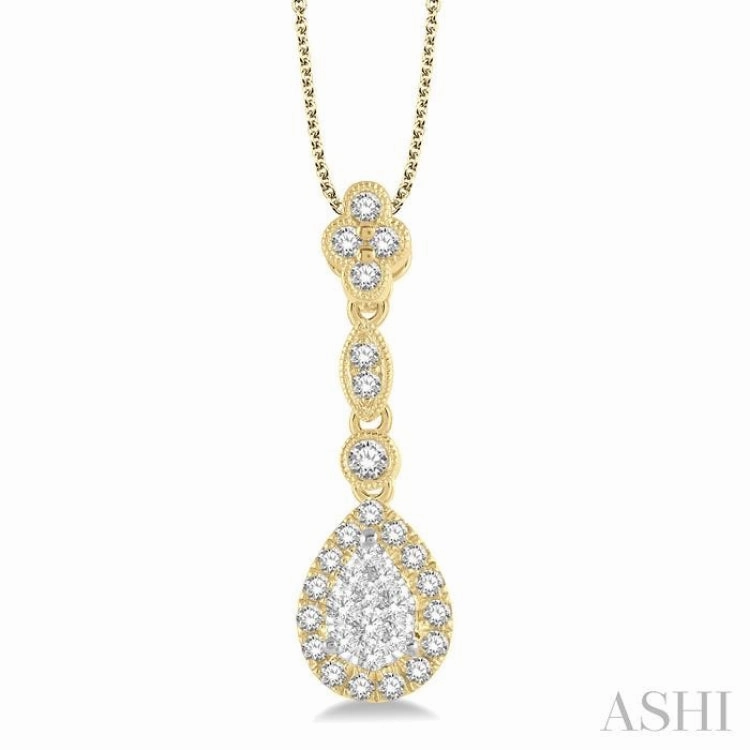 3/8 Ctw Pear Shape Halo Lovebright Round Cut Diamond Pendant With Chain in 14K Yellow and White Gold Travel Accent