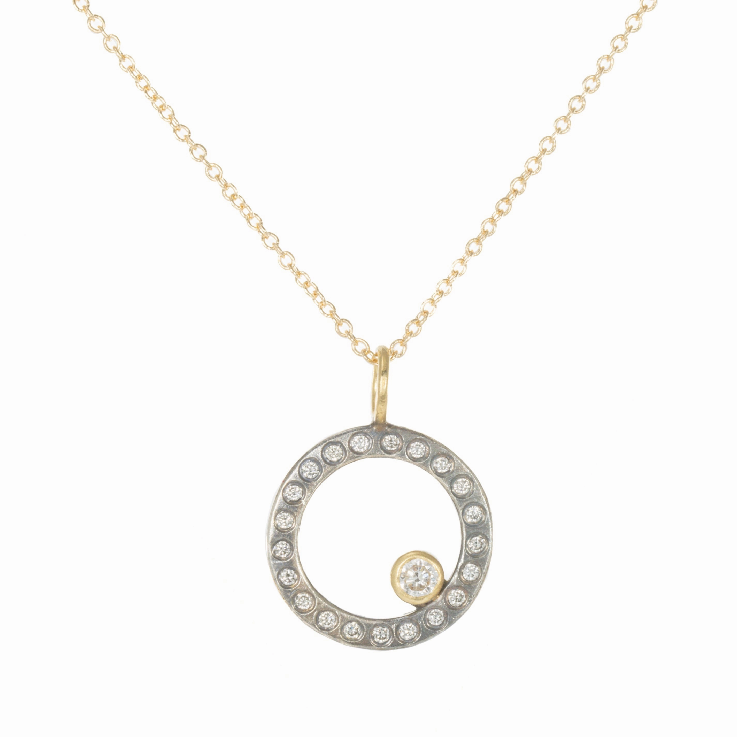 Work Outfit Radiant Embellishments Oxidized Silver Everyday Scattered Diamond Pendant on 14k Gold Chain - 14k Gold, Oxidized Silver   VS White Diamonds