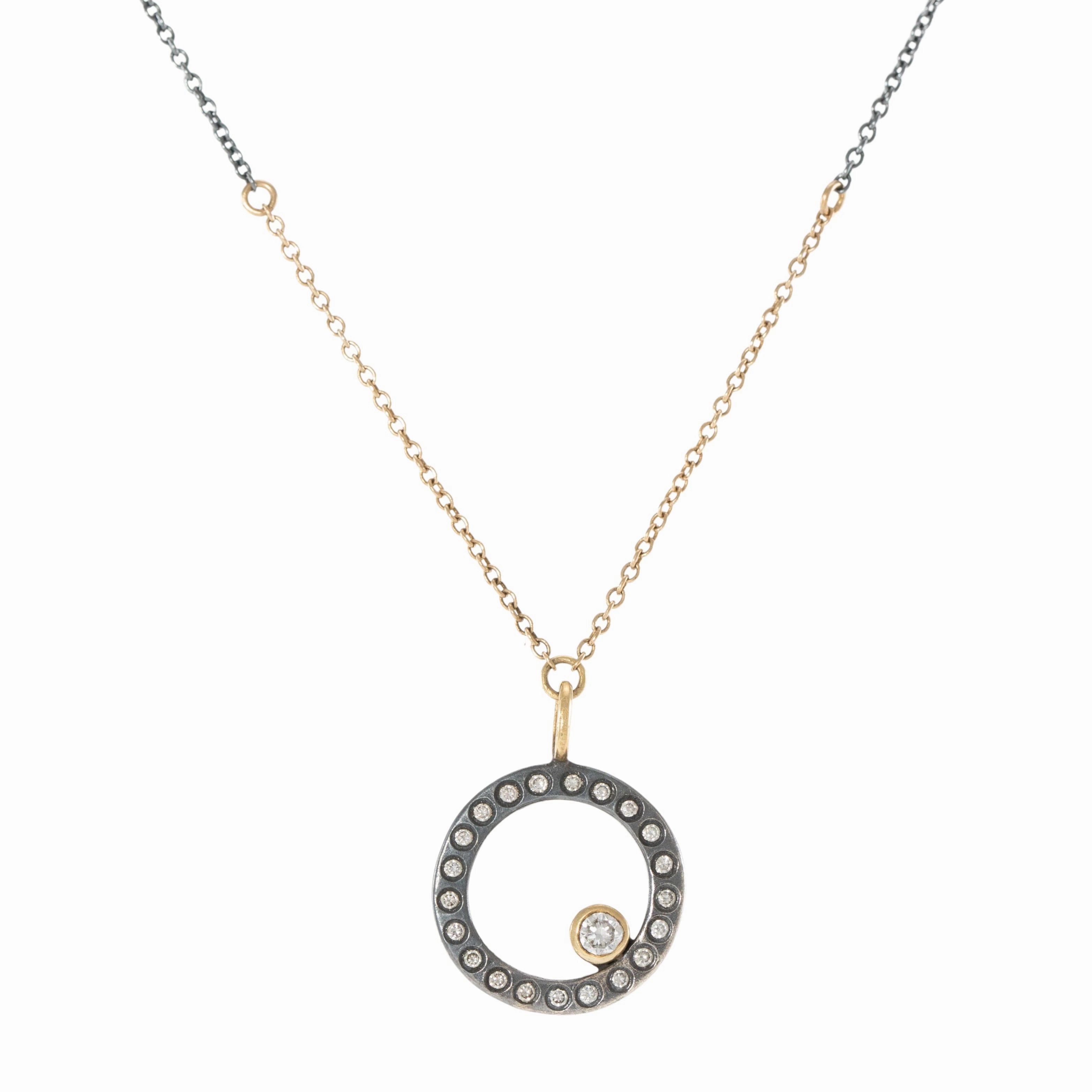 Oxidized Silver Everyday Scattered Diamond Pendant on Two-Tone Chain - 14k Gold, Oxidized Silver   VS White Diamonds Stylish Touch Exclusive Sparkle