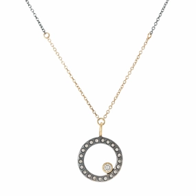 Oxidized Silver Everyday Scattered Diamond Pendant on Two-Tone Chain - 14k Gold, Oxidized Silver   VS White Diamonds Stylish Touch Exclusive Sparkle