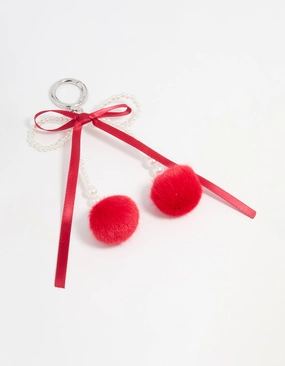 Elegant accessories Pearl Beaded Bow & Red Pom Pom Keychain
