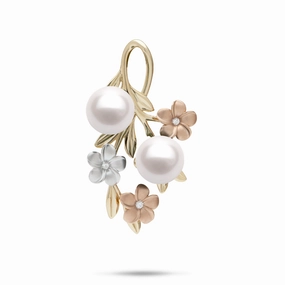 Vintage design Weekend Accessory Pearls in Bloom Plumeria Akoya White Pearl Pendant in Tri Color Gold with Diamonds - 36mm