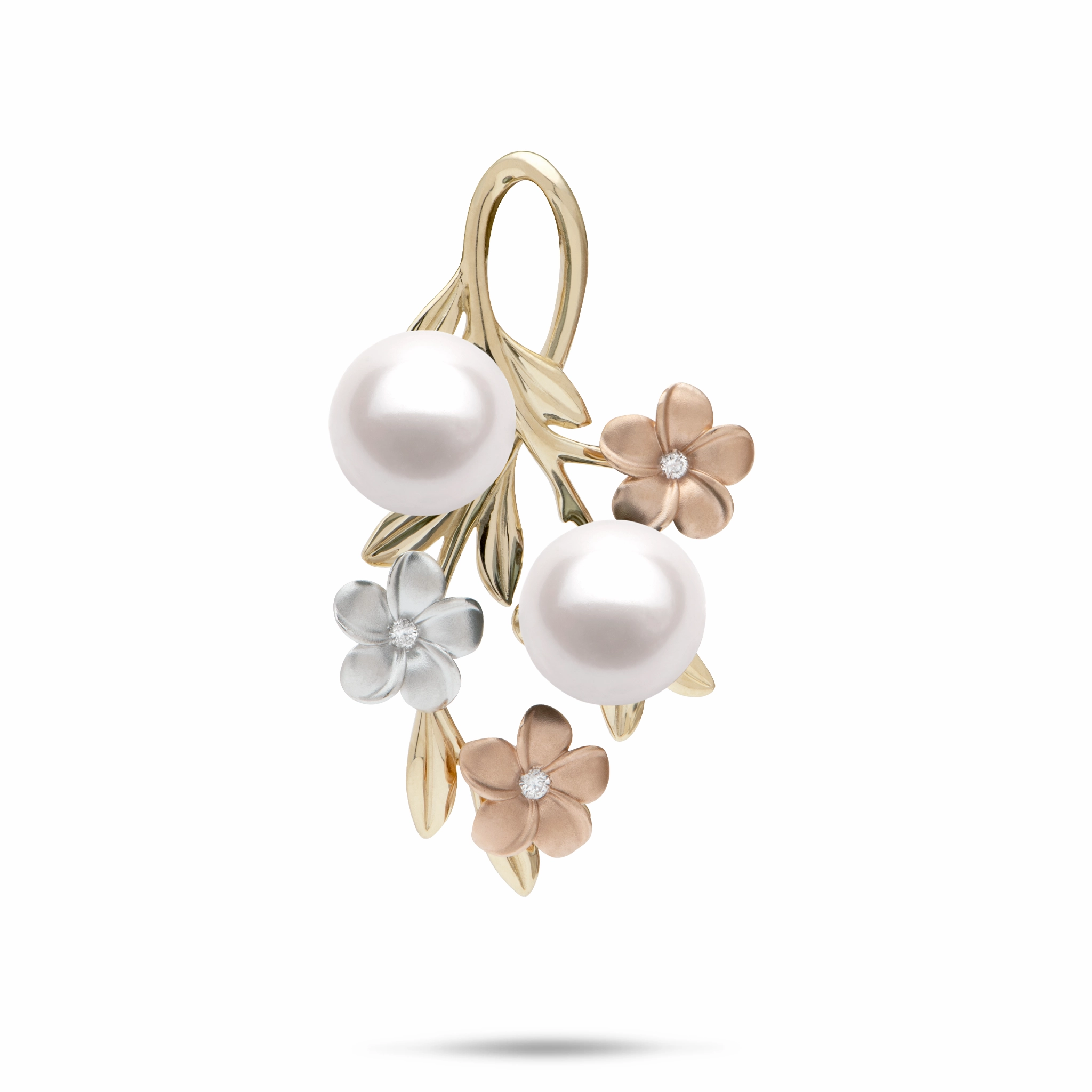 Vintage design Weekend Accessory Pearls in Bloom Plumeria Akoya White Pearl Pendant in Tri Color Gold with Diamonds - 36mm
