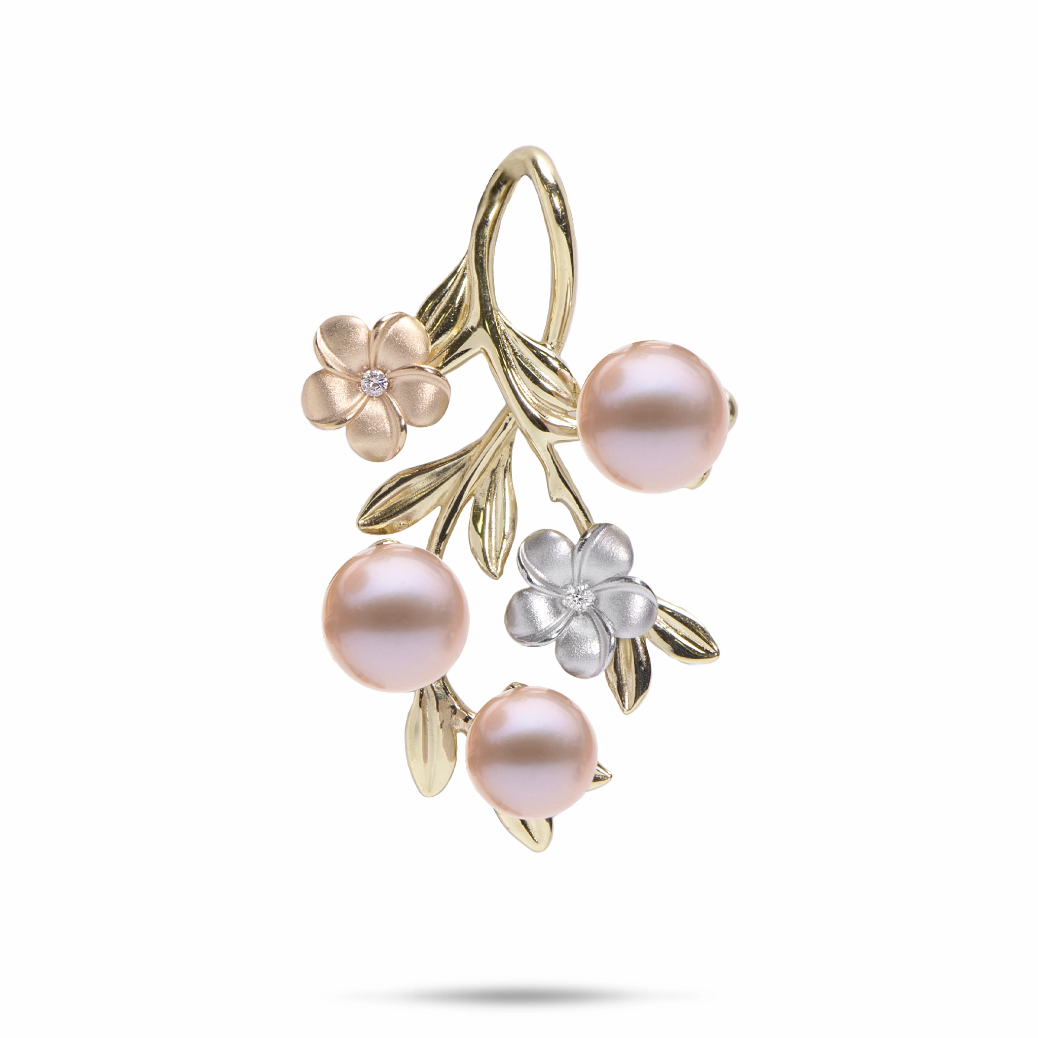 Pearls in Bloom Plumeria Lavender Freshwater Pearl Pendant in Tri Color Gold with Diamonds - 36mm Night Out Piece