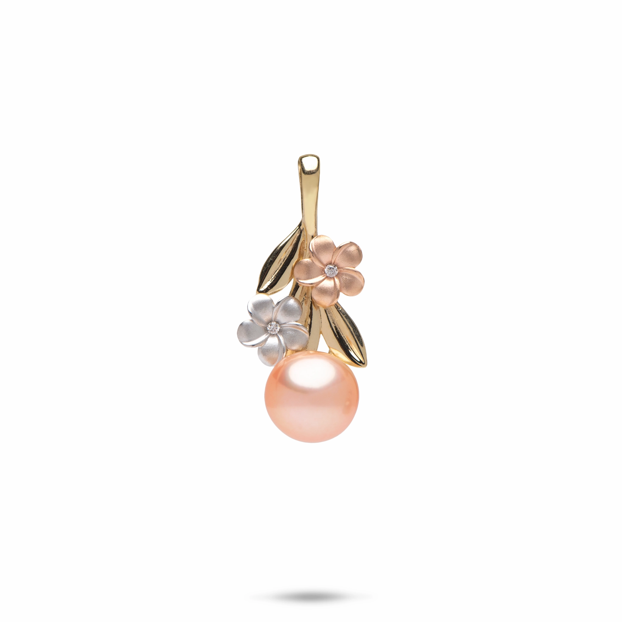 Vogue Style Pearls in Bloom Plumeria Peach Freshwater Pearl Pendant in Tri Color Gold with Diamonds