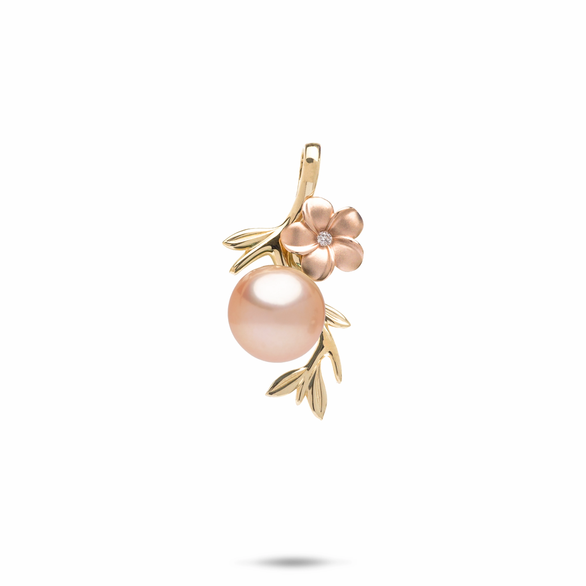 Pearls in Bloom Plumeria Peach Freshwater Pearl Pendant in Two Tone Gold with Diamonds - 8mm Timeless Detail Stunning Accessory