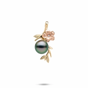Pearls in Bloom Plumeria Tahitian Black Pearl Pendant in Two Tone Gold with Diamond - 25mm Timeless Edge