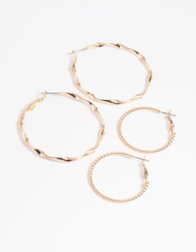 Ornate Design Gold Twisted Ribbon Hoop Earring Set