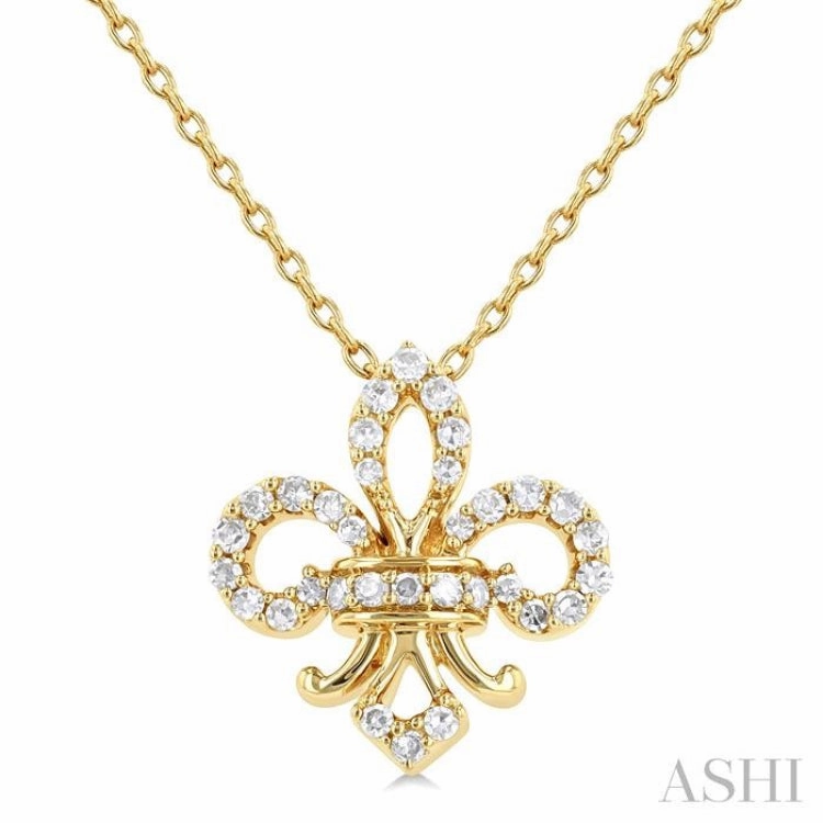 1/6 Ctw Petite Fleur De Lis Round Cut Diamond Fashion Pendant With Chain in 10K Yellow Gold Excellent Piece Superior Ornament