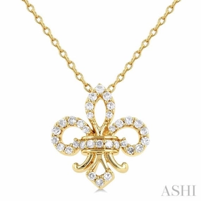 1/6 Ctw Petite Fleur De Lis Round Cut Diamond Fashion Pendant With Chain in 10K Yellow Gold Excellent Piece Superior Ornament