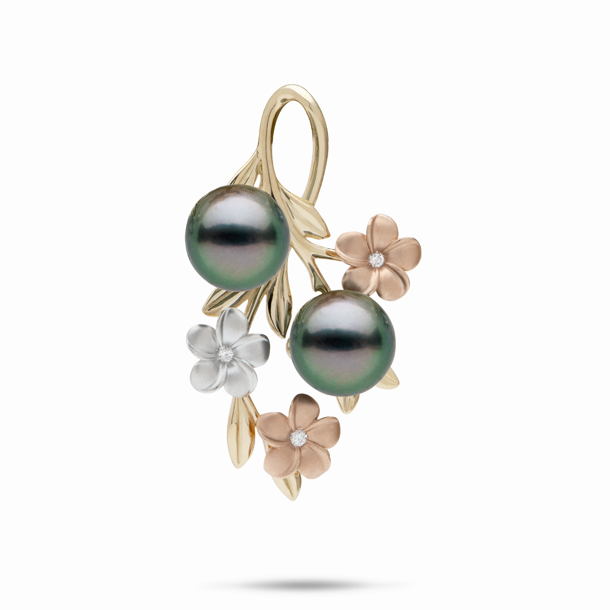 Pearls in Bloom Plumeria Tahitian Black Pearl Pendant in Tri Color Gold with Diamonds - 36mm Personal Adornment