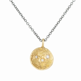 Premium Form Highlight Accent Petite Double Gold Moon Surface Pendant - 18ky Gold, Oxidized Silver   Reclaimed VS White Diamonds